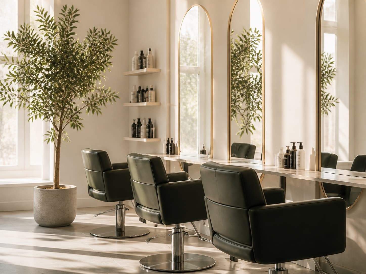 Zeýtun reňkli oturgyçly we beýik aýnaly ýagty salon içi